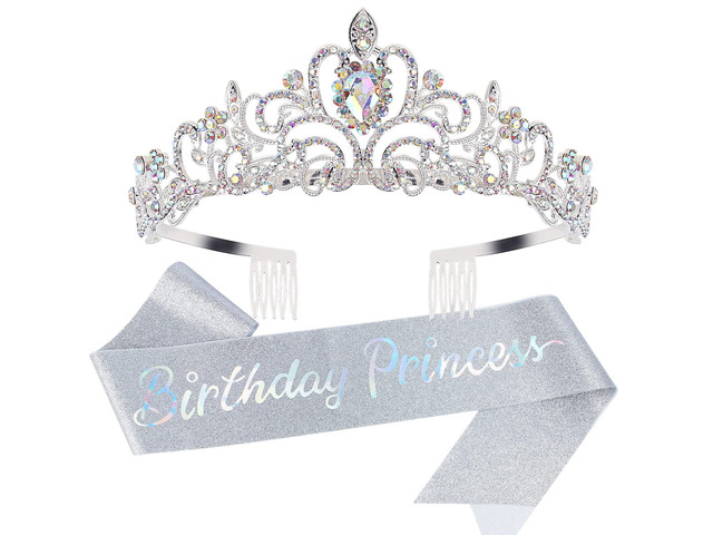 Princess Crown, Happy Birthday Tiara, Girl Sash for Women, Cake Popper, Birthday Party Decorations for Women, Headband Accessories