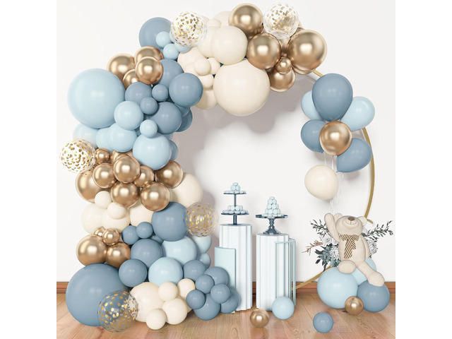 Amandir 153pcs Dusty Blue Balloon Garland Arch Kit, Different Sizes 18 12 10 5 inch Blue White Sand Latex Metallic Confetti Gold Balloons Baptism...