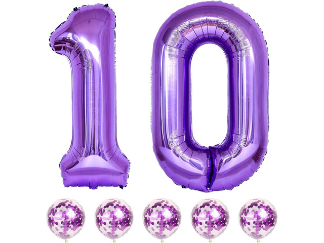 Large 10 Balloon Number Purple, 40 Inch Helium Foil Number 1 & 0 Balloons Self Inflating with Confetti Balloons for Girls Women 10th 1st Birthday...