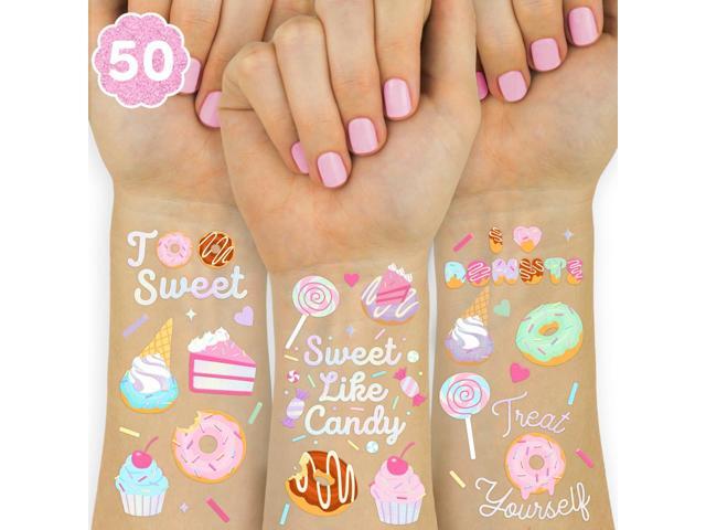 xo, Fetti Donut Temporary Tattoos - 50 Iridescent Styles Sweet One Birthday Decorations, Two Sweet Cupcake Party, Sassy Six, Fourever Dessert.