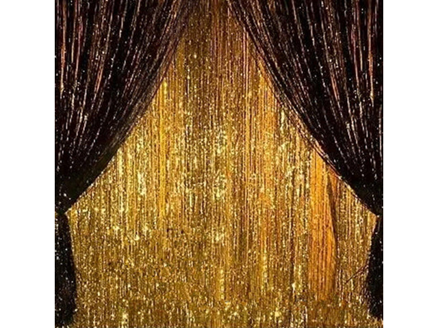 2PCS 3' X 8' Black and Gold Metallic Tinsel Foil Fringe Curtain Backdrop for 2023 New Years Eve, Halloween Party, Graduation Decoration