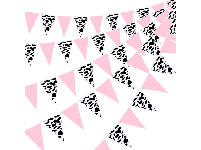 Boao 5 Pack Western Cowgirl Party Decorations Pink Cow Print Triangle Flag Paper Banner Pennant Garland Streamer for Yee Haw Birthday, Baby Shower,...