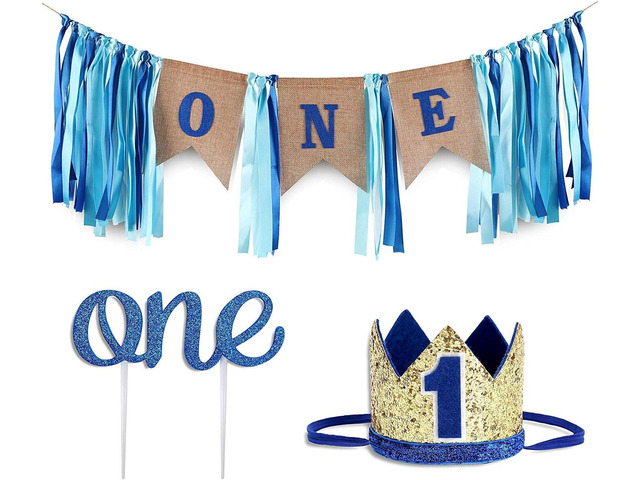 Baby 1st Birthday Boy Decorations with Crown - Baby Boy First Birthday Decorations High Chair Banner - Cake Smash Party Supplies - Happy Birthday...