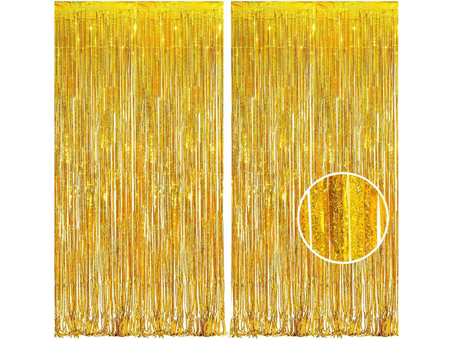 BRAVESHINE Gold Foil Fringe Curtains - 2Pcs 3.2x8.2ft Tinsel Photo Backdrop for Graduation/Men/50th/60th/Birthday/Bridal...