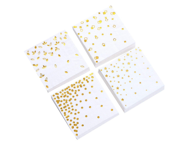 100 PK Gold Napkins - 4 Assorted Designs - 3-Ply Cocktail Napkins Folded 5 x 5 Inches Bar Napkins Disposable Party Napkins Paper Napkins Dinner for...