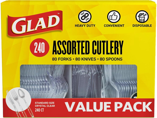 Glad Clear Disposable Cutlery Set with Heavy Duty Plastic Forks, Knives, and Spoons, Reusable Dishwasher Safe Plastic Utensils for Parties and...