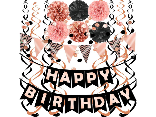 FECEDY Rose Gold Black Theme Happy Birthday Banner Flag Bunting Paper Circle Confetti Garland Swirl Streamers Honeycomb Ball for Birthday Party...