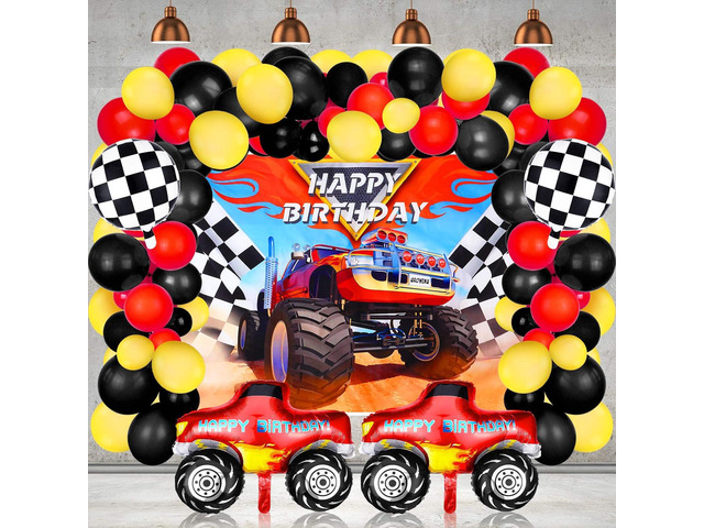 Sumind 75 Pcs Truck Birthday Decorations Monster Backdrop Monster Truck Balloons Mosaic Balloons Car Party Supplies for Boys Birthday Decor