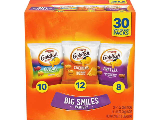 Goldfish Crackers Big Smiles Variety Pack with Cheddar, Colors, and Pretzels, Snack Packs, 30 Ct
