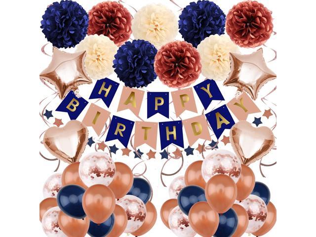ZERODECO Navy Blue & Rose Gold Birthday Party Decorations - Happy Birthday Banner, Paper Pompoms, Balloons for Boys, Girls, Men & Women