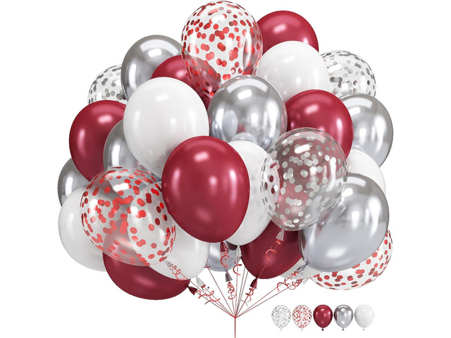 Burgundy Red and Silver Balloons, 60 Packs 12 Inch Wine Red and White Silver Metallic Confetti Balloons with Ribbons for Women Birthday Wedding...