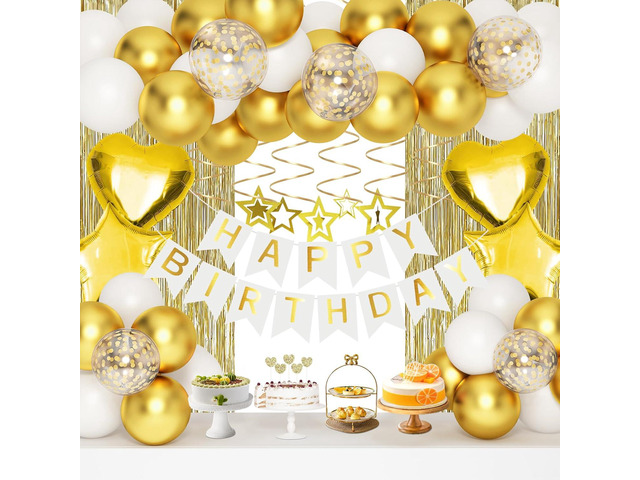 Gold Birthday Decorations, White and Gold Balloons Party Decorations Set, Golden Happy Birthday Banner Fringe Curtain Party Decorations for Kids...
