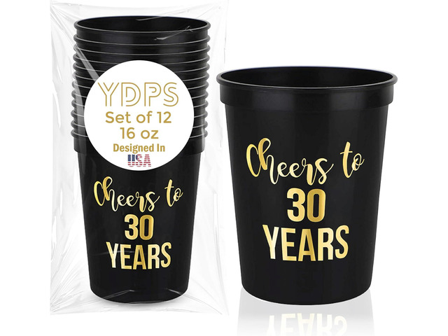 30th Birthday Decorations Party Cups Cheers to 30 Years Reusable Plastic Stadium Cups, 16 oz Hard Plastic Drinkware, 12 Pack, 30th Birthday Party...