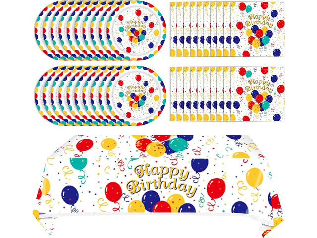 41Pcs Birthday Party Decorations Happy Birthday Colorful Balloons Disposable Paper Plates Napkins Tablecloth for Kid's Birthday Party Baby Shower...