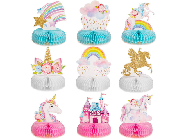 Outus 9 Pieces Unicorn Birthday Party Supplies Rainbow Honeycomb Centerpiece Table Decorations for Unicorn Party Decorations