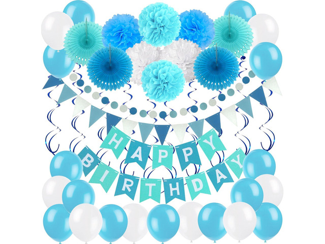 ZERODECO Birthday Decoration Set - Happy Birthday Banner with Fans, Pom Poms, Swirls and Balloons - Blue, Sky Blue and White