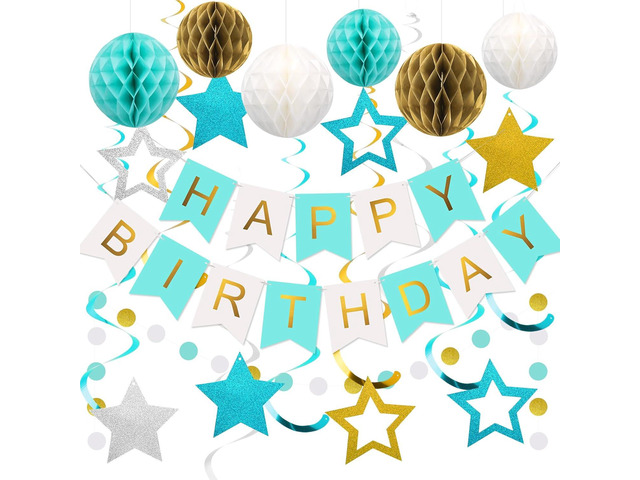 meowtastic Birthday Decorations, Happy Birthday Banner with Honeycomb Balls, Stars Hanging Swirls Streamers, Circle Dots Garland, Happy Birthday...