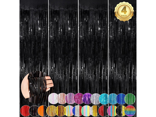 Black Fringe Curtain Party Streamers 4Pack 3.3 x 8.3 Ft Foil Fringe Backdrop Curtains for Birthday Wedding Bridal Baby Shower Holiday Tinsel...