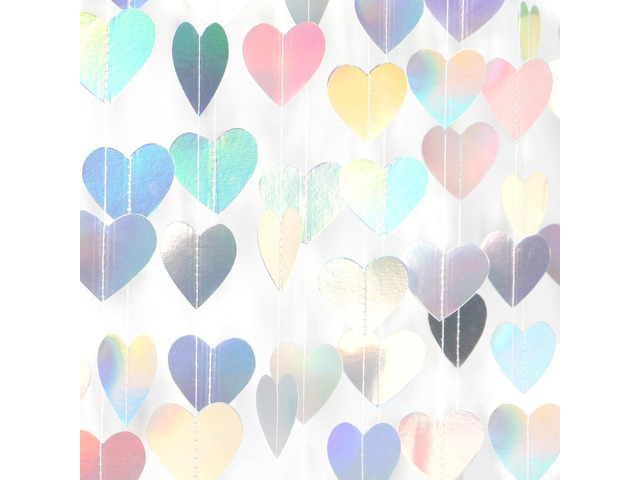 Iridescent Disco-Holographic Heart Garland - 52Ft Wedding Hanging Decoration Neon Streamers Banner, Perfect for Bridal Shower, Birthday, Baby...