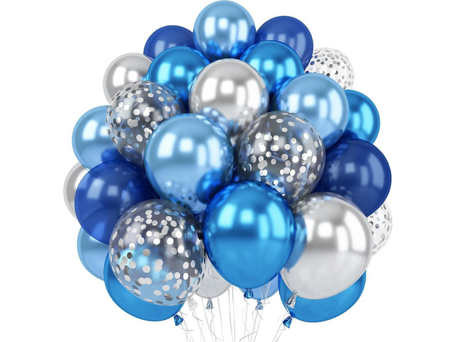 Blue Silver Balloons Set, 12 Inch Blue and Silver Balloons Dark Navy and Confetti Party Latex Balloon, Macaron Metallic Baby Blue Mixed Balloon for...