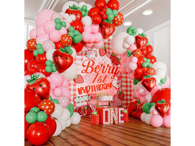 ALL-IN-1 Strawberry Balloon Arch Kit & Garland with BONUS Strawberry Small and Large Red Pink Green Strawberry Balloons Strawberry Shortcake...