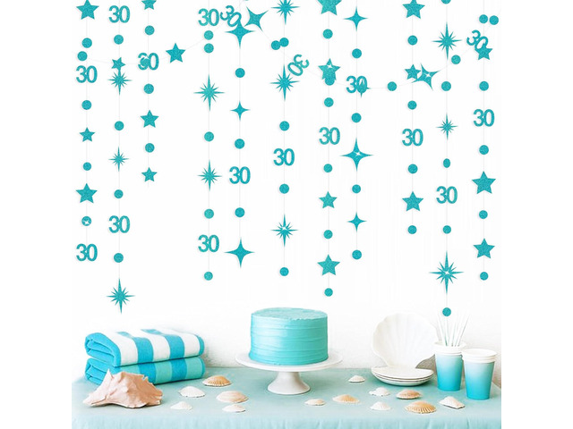 Teal Blue 30th Birthday Decorations Number 30 Circle Dot Star Garland Glitter Streamer Banner Backdrop for Women Men Dirty Thirty Cheers to 30...