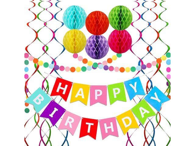 Happy Birthday Banner, Rainbow Birthday Banner, 6 Honeycomb Balls, 8 Metallic Hanging Swirls and Circle Parper Garland, Happy Birthday Decorations