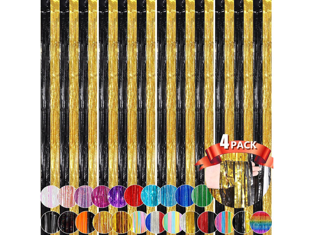 Black Gold Metallic Tinsel Foil Fringe Curtains, 4 Pack 3.3x8.3 Feet Party Streamer for Birthday Party Decorations, Halloween Decor, Foil Curtain...