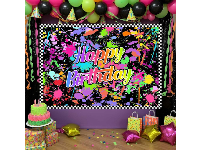 Lofaris Happy Birthday Backdrop for Glow in The Dark Party - Neon Splatter Graffiti Photography Background, Kids Teens 80s 90s Disco Sleepover...