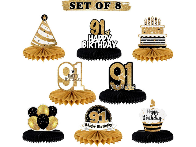 LINGTEER Happy 91st Birthday Table Honeycomb Centerpieces Cheers to 91st Birthday 91 Years Old Party Table Decorations Gift Sign.