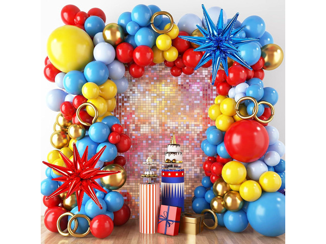 RUBFAC Carnival Balloons Garland Arch Kit, 140pcs Red Blue Yellow Balloon with Long Balloons, Canival Circus Balloons for Cartoon Hedgehog Super...
