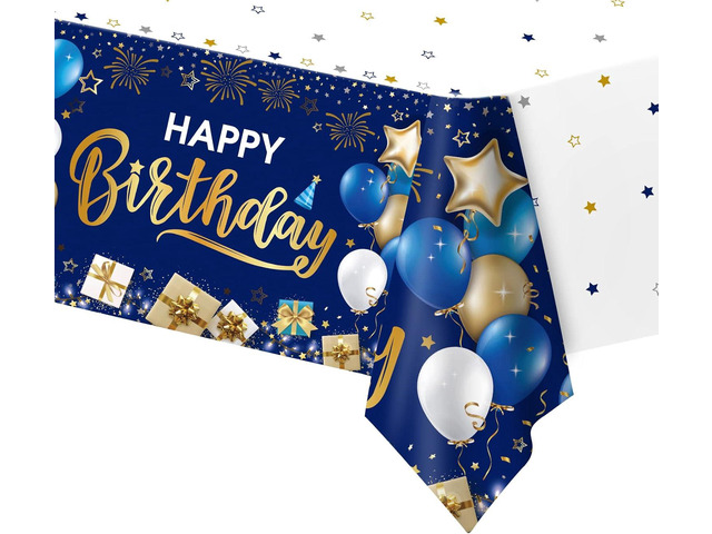 DUAIAI Happy Birthday Decorations, 1 Pcs Navy Blue and Gold Birthday Tablecloth for Boys Girls Men Women, Plastic Disposable Rectangle Table Cover...