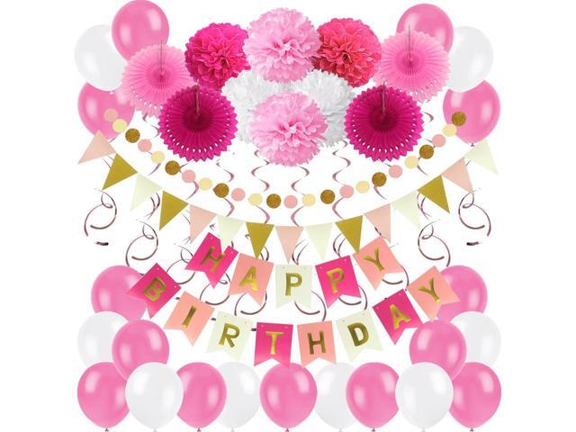ZERODECO Birthday Decoration Set - Happy Birthday Banner, Paper Fans, Tissue Pom Poms, Hanging Swirls and Balloons in Pink, White and Red