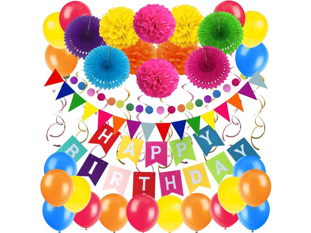 ZERODECO Birthday Decoration Set - Happy Birthday Banner, Bunting, 4 Paper Fans, 6 Paper Pom Poms, 10 Hanging Swirls, 20 Balloons - Multicoloured