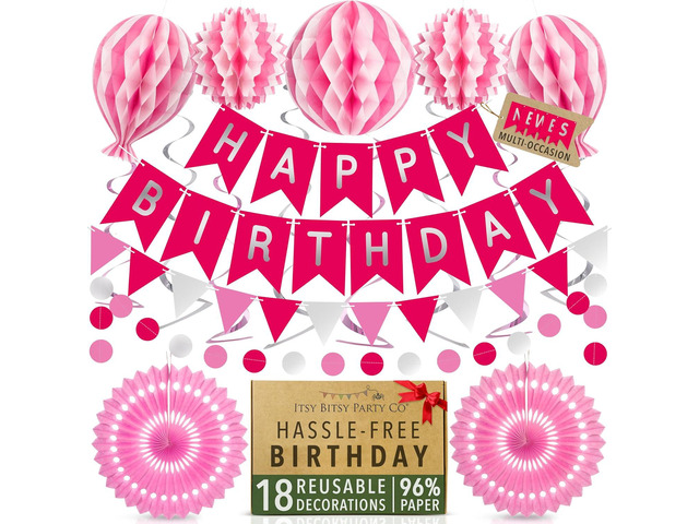 Premium Reusable Happy Birthday Decorations for Women and Girls Pink Party Decorations, Multi-occasion Banner, Pennant Banner, Paper Fans - Party...