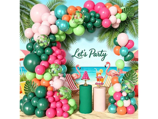 Ouddy Life 156pcs Tropical Balloons Arch Garland Kit, Hawaiian Summer Luau Party Decorations, Hot Pink Dark Green Orange Palm Leaves Balloons for...