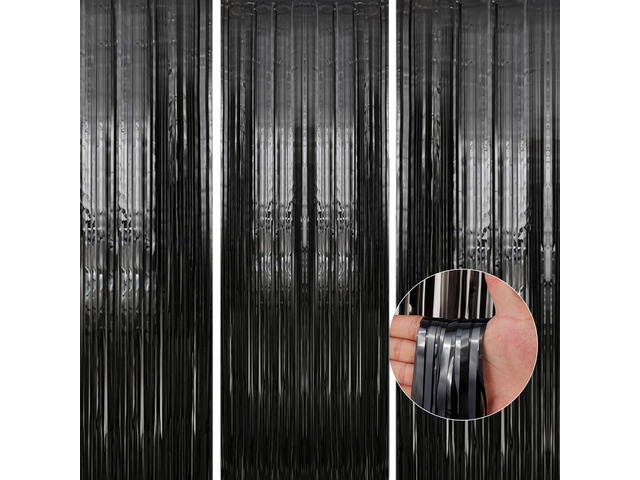 TenLaitech 3 Pack 3.3 x 9.9 ft Black Foil Fringe Backdrop Curtain, Streamer Backdrop Curtains, Streamers Birthday Party Decorations, Tinsel Curtain...