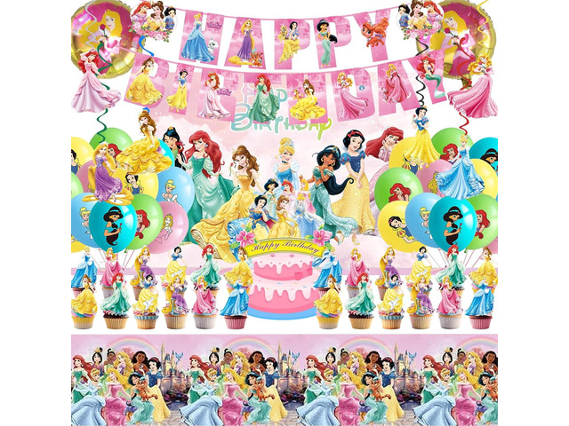 62PCS Disne Princess Party Supplies, Birthday Decorations Set Include Banner, Balloons, Backdrop, Cupcake Toppers, Tablecloth, Hanging Swirls for...