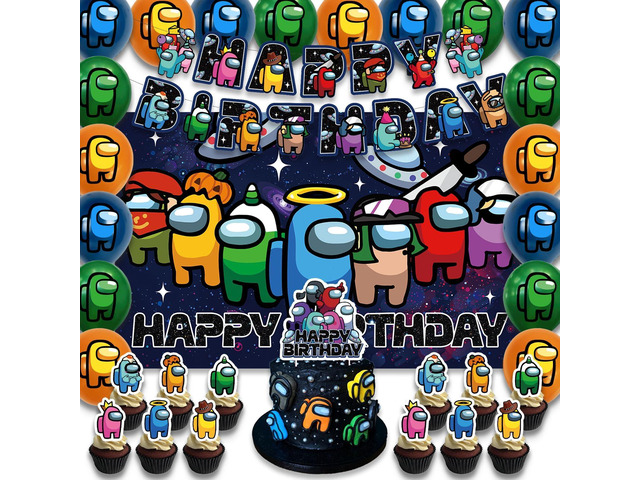 42Packs Among Game Party Supplies Pack IncludesBannerCake TopperBlackdrop,Balloons for Among Birthday Party Decoration