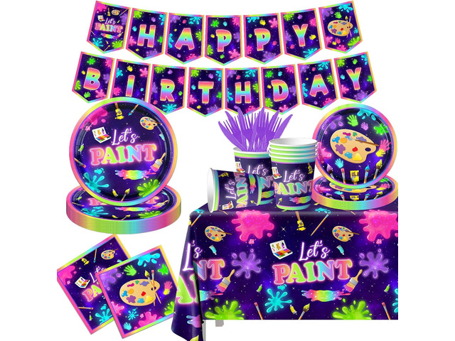 Art Painting Party Supplies,142pcs Paint Splatter Party Tableware Neon Glow Decorations Set Art Party Dessert Plates Paint Splatter Napkins Lets...
