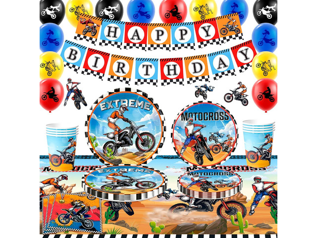Dirt Bike Birthday Party Decoration Supplies, 10 Guests Motorcycle Birthday Decorations Motorcycle Party Tableware Dirt Bike Party Plates and...