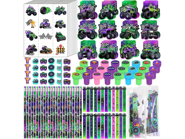 Cholemy 144 Pcs Monster Truck Party Favors Truck Party Supplies School Stationery Set Notebook Sticker Stamper Eraser Ruler Pencil Bag for Birthday...