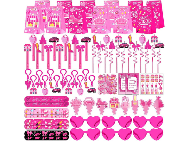 220PCS Pink Party Favors Kit for Girls Birthday Supplies Includes Glasses, Straws, Bubble Wands, Treat Bags & More Perfect for Party Decorations...
