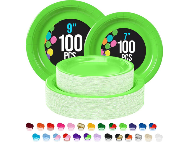 Party Solids Exquisite Lime Green Mixed Paper Plates - 7' & 9', 200 Pack (100 each), 350 GSM