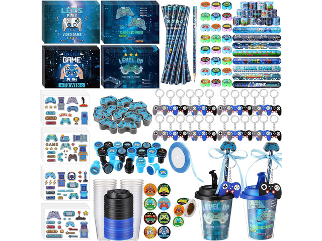Watersay 110 Pcs Video Game Party Favors Set Includes Drink Cup with Lid Game Card Pencil Sharpener Eraser Stickers Slap Bracelet Keychain Stamp...