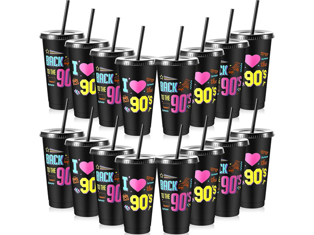 Uiifan 16 Pcs Back to the 90's Party 1990's Birthday Reusable Cups with Lids and Straws 24 oz Plastic Rock and Roll Tumblers Bulk Funny 90s Party...