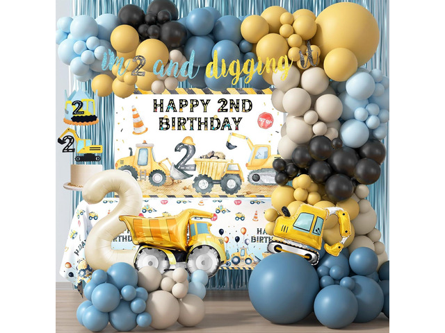 Construction Birthday Party Supplies for 2 Year Old Boy, 2nd Birthday Decorations For Boys, Dump Truck 2nd Bday Backdrop, Cake Toppers, Balloon...