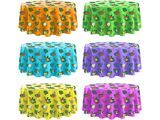 Oudain 6 Pcs 84' Summer Round Hawaiian Tablecloths, Lagre Tropical Luau Plastic Table Covers with Palm Leaves & Hibiscus Flower, Aloha Beach Pool...
