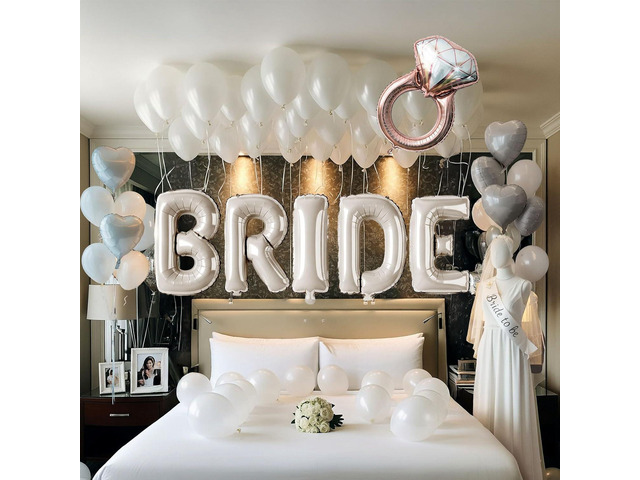 Cream White Bridal Shower party decorations with huge 40 Inch BRIDE letter Pearl Balloons BRIDE to be Sash Bridal Veil and Diamond Ring Heart shape...