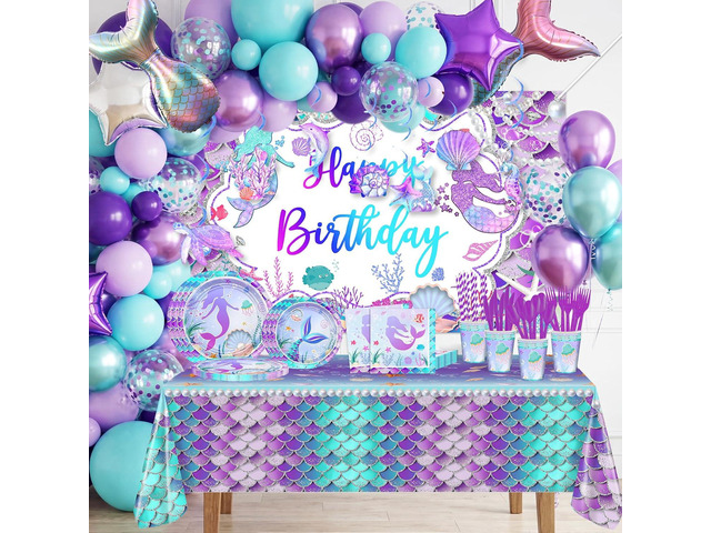 Avezano 321 PCS Mermaid Birthday Party Supplies Includes Disposable Paper Plates, Cups, Napkins, Tablecloth, Banner & Balloon Arch Kit for Girls...
